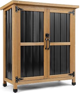 PETSCOSSET Weatherproof Outdoor Storage Cabinet w/ Lockable Doors - Wood Metal Garden Shed for Tools, Pool Toys & Patio Gear