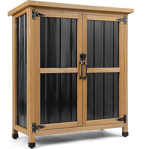 Weatherproof Outdoor Storage Cabinet with Lockable Doors, Wood & Metal Garden Storage Shed Patio Storage Box for Tools & Lawn Equipment, Pool Accessories