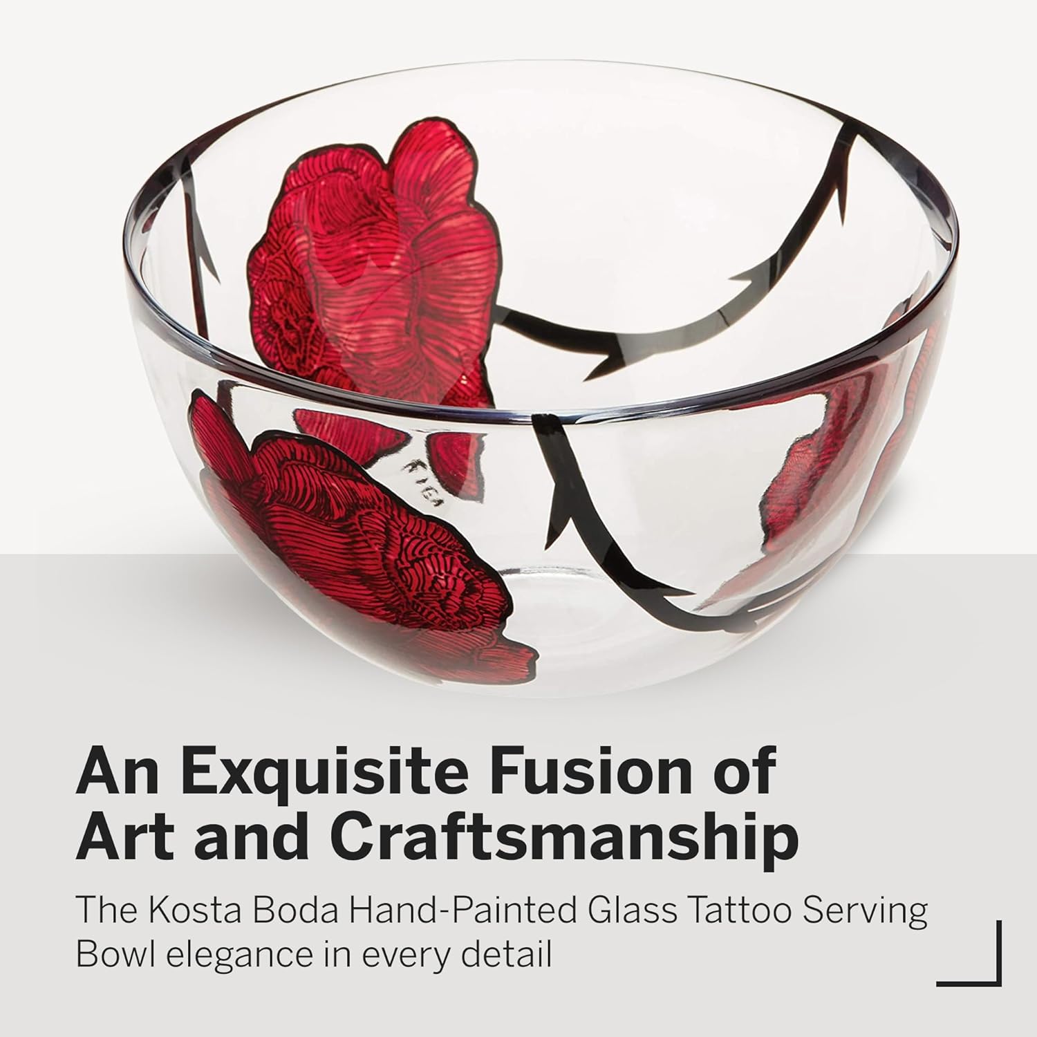 Kosta Boda 8.8" Tattoo Serving Bowl, Hand-Painted Glass - Rose Tattoo Inspired, Wide & Shallow Bowls, For Salad, Popcorn, Chip and Dip, Fruit, Red/Clear
