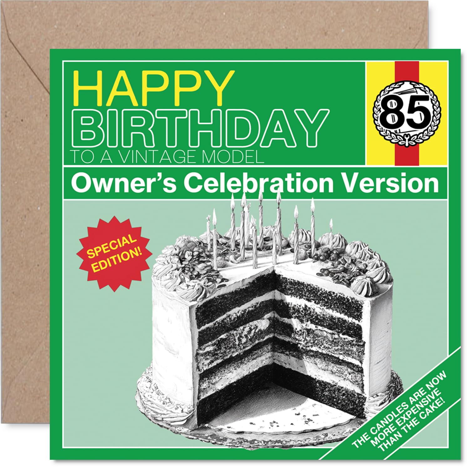Funny 85th Birthday Card - Classic Laughs for a Milestone - Vintage Cake Design with Witty Candle Joke - Perfect for the Big 8-5 Celebration - 145mm Square, Envelope Included