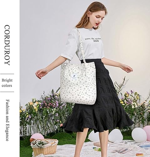 Vista 34 de Tote - Bolsa de hombro reutilizable de pana de gran capacidad con bolsillos interiores para mujeres y niñas Rayas