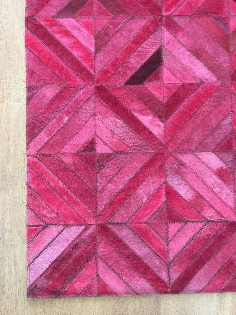 Leather Area Rug Patchwork Moroccan Style in Various Sizes from Cow Hide Dyed in Hot Pink | Luxury Carpet for Indoor use (4 x 6)