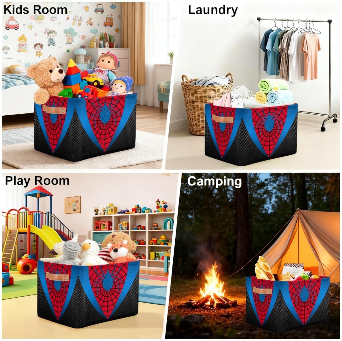 Red Spider Web Storage Bins - Large Collapsible Rectangle Shelf Closet Organizer Baskets for Kids Toys, Dirty Clothes, Bedroom, Bathroom, Nursery Decor, Gift Basket