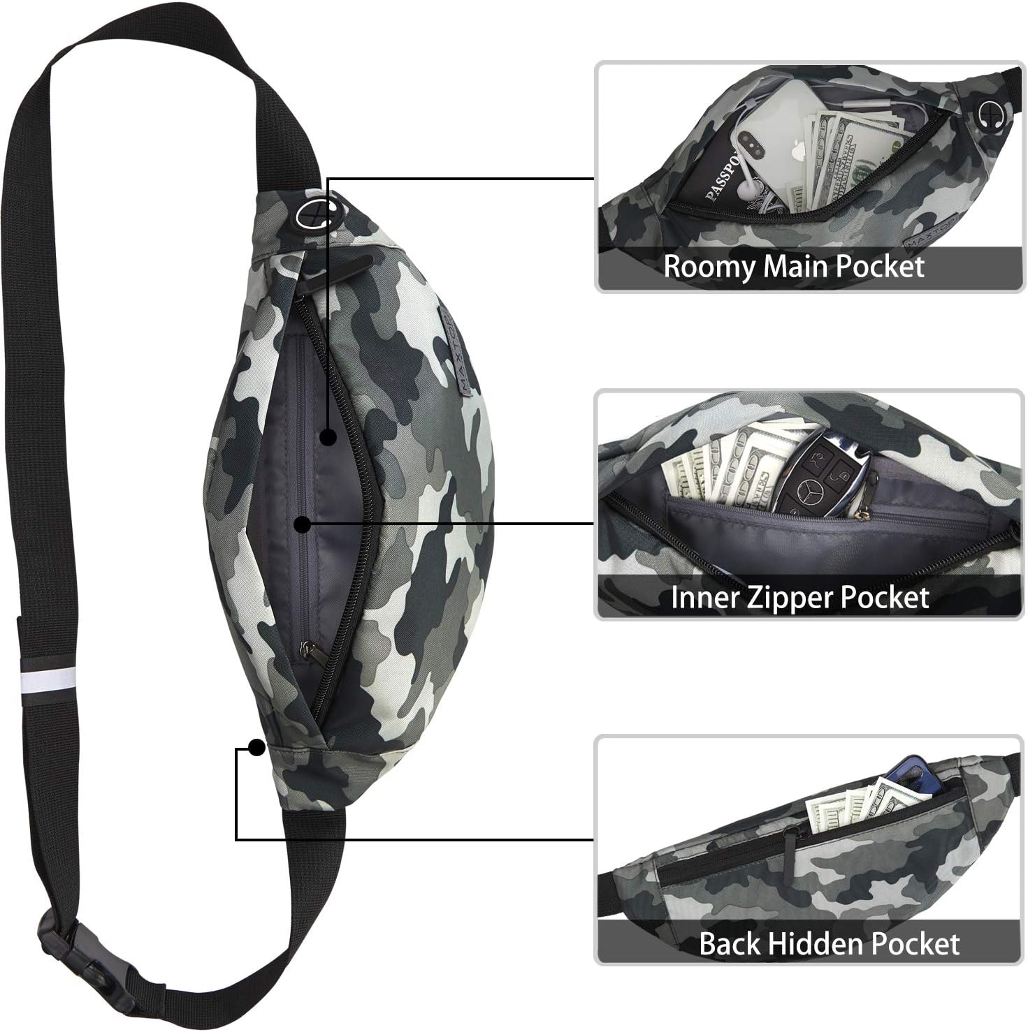 MAXTOP Fanny Pack for Men Women Waist Pack Bag with Headphone Jack and 3-Zipper Pockets Adjustable Straps