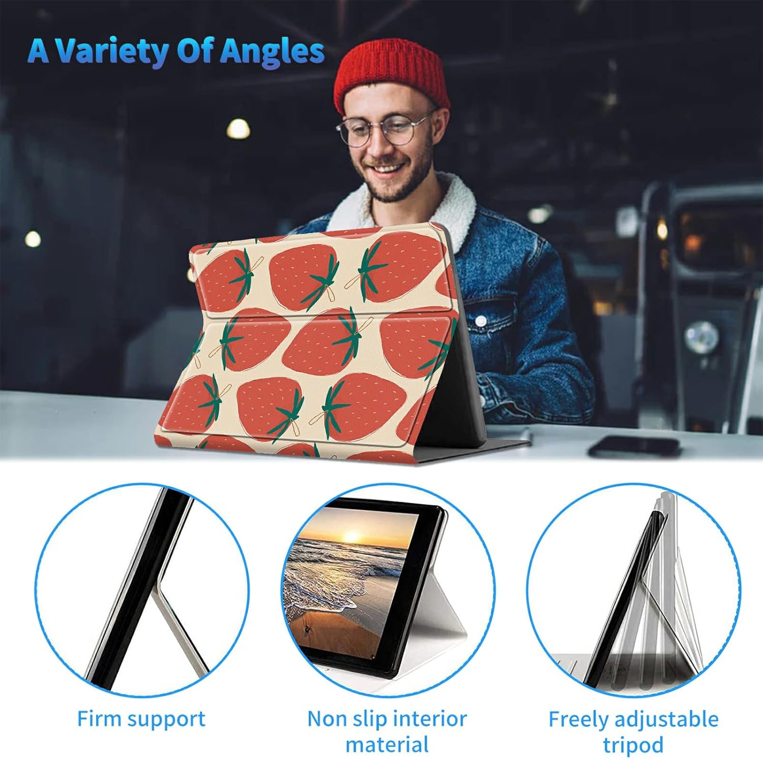 Slim Case for All-New 6" Kindle (11th Gen, 2024/2022 Release E-Reader) + 1 Screen Clean Pad, Multi-Angle Kickstand Cover with Auto Wake/Sleep Case, Strawberry