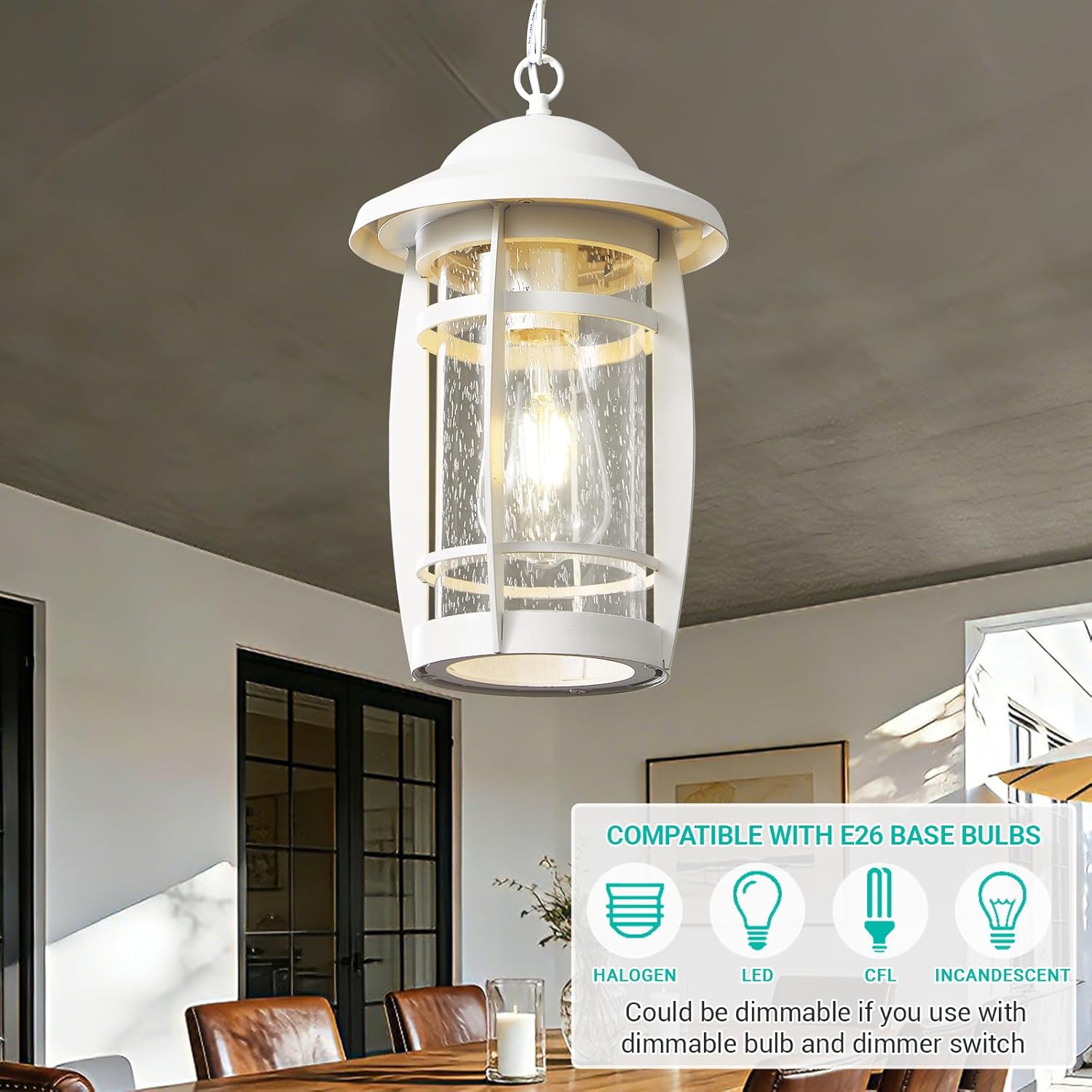 LOUSACE 1-Light Outdoor Pendant Lights for Porch, Exterior Hanging Porch Light Fixture Ceiling Mount Outdoor Chandelier, Waterproof White Aluminum Finish with Seeded Glass, for Gazebo Patio Entrance