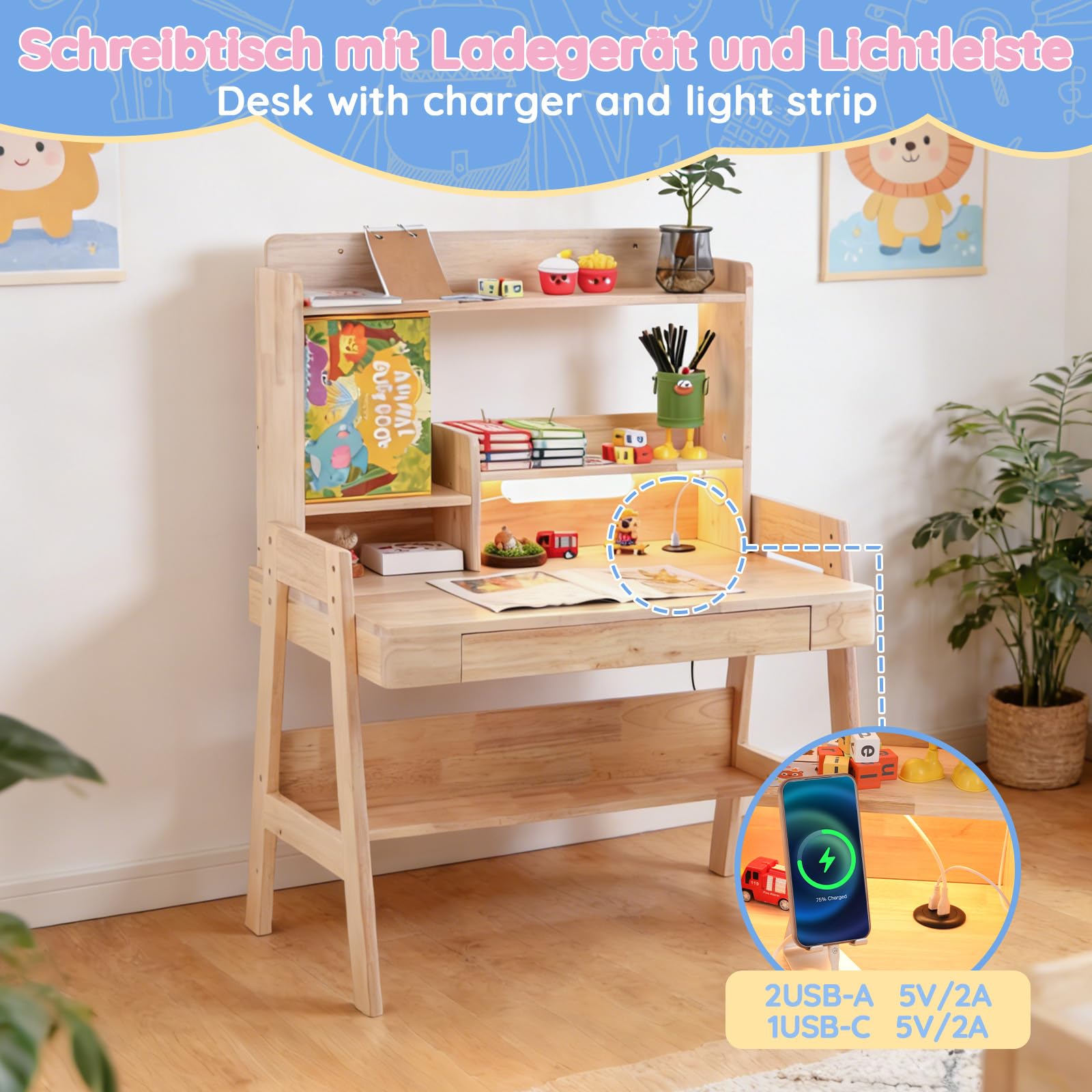 Mrwoo Kindertisch mit Stauraum, Schreibtisch Kinder mit 1 Schublade, Holzlatten Offene Regale mit LED-Lichtleiste & USB, Schülerschreibtisch für Kinder ab 6 Jahren (Natural - A)