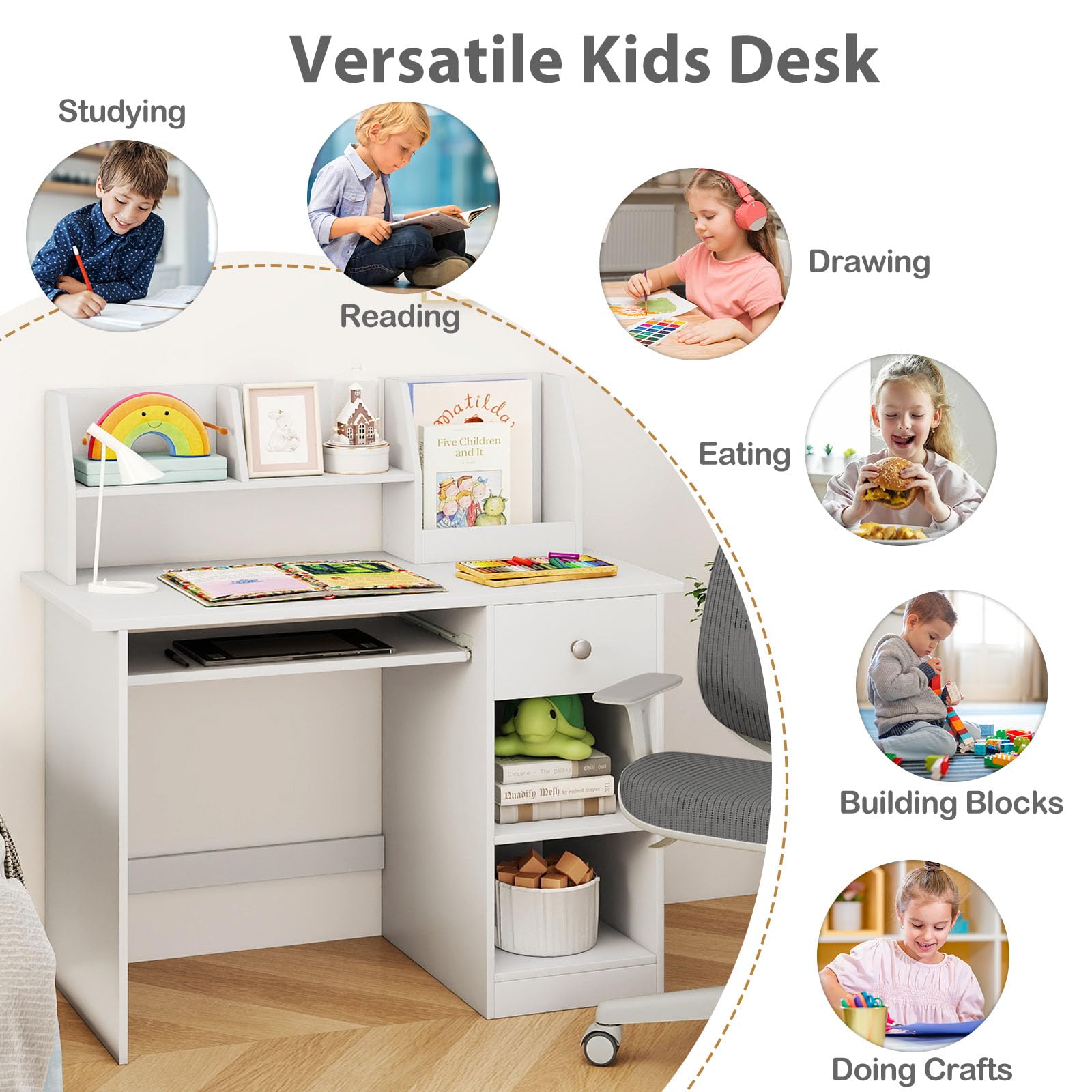 LIFEZEAL Scrivania per Bambini 3+Anni con Cassetto, Libreria, Scomparti, 90x45cm, Scrivania Cameretta Porta PC, Computer, Banco Scuola, Tavolo da Studio, Gioco, Multiattività, in Legno (bianco)