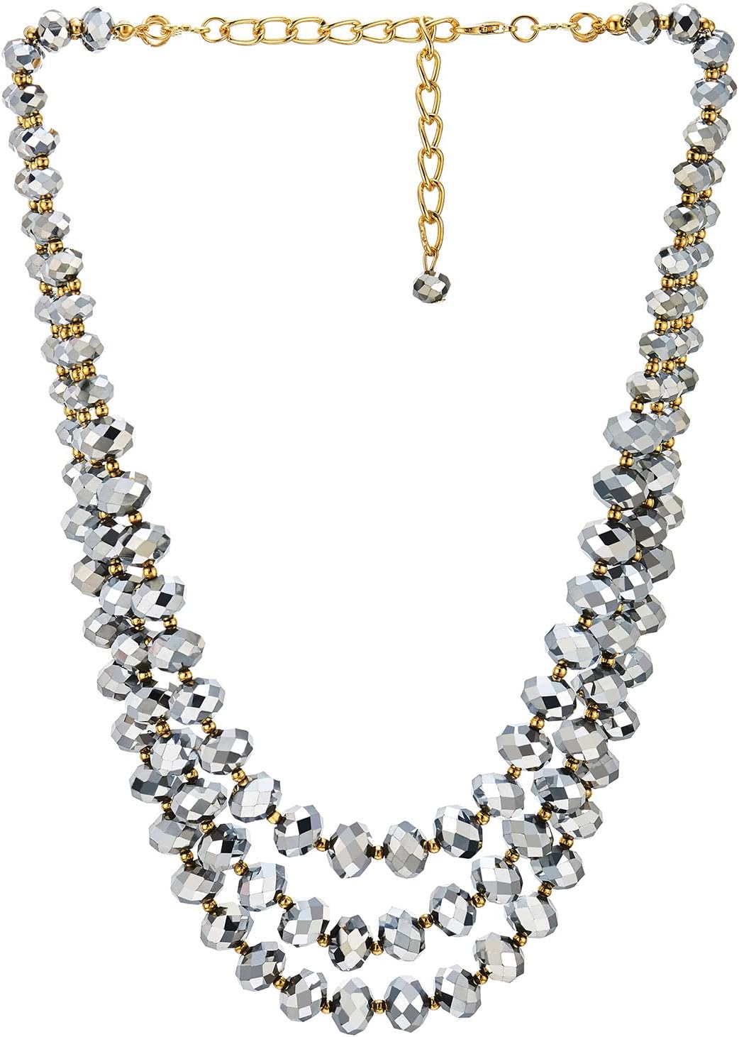 COOLSTEELANDBEYOND Crystal Beads Statement Necklace, Three-strand Layered Necklace, Waterfall