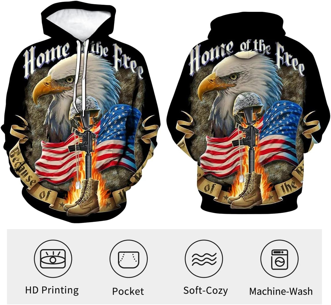 Men's Bald Eagle Hoodie Autumn Winter Long Sleeve Pullover Animal Theme Sweatshirt Realistic Graphic Hoodie - Image 3