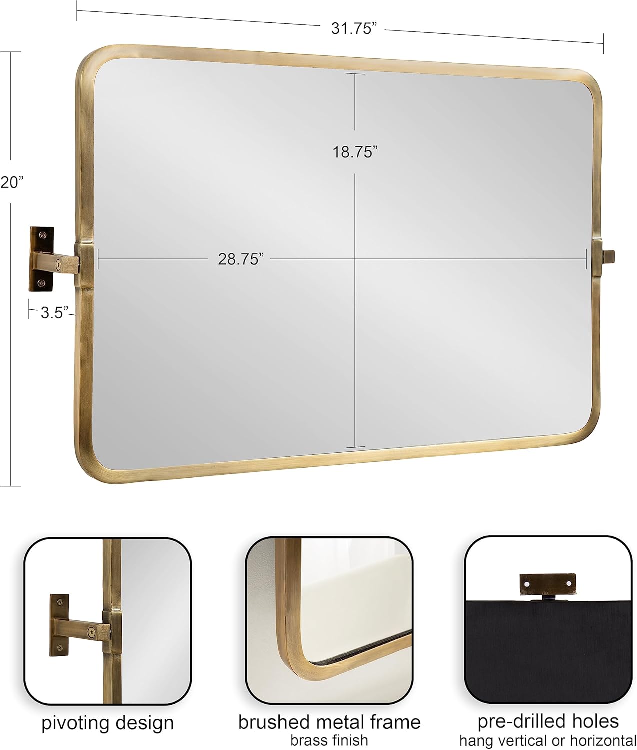 Kate and Laurel Elijah Modern Rectangular Pivot Wall Mirror, 31.8"L x 20"W, Gold, Decorative Adjustable Mirror for Wall