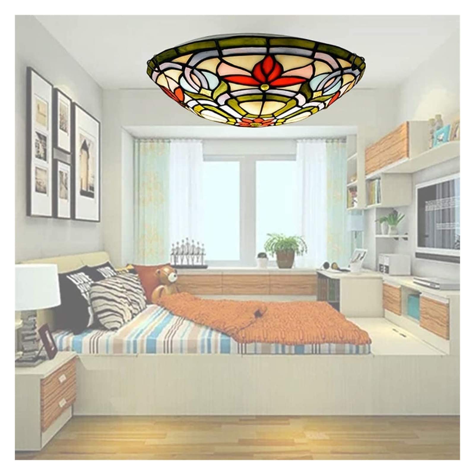 Lámpara de techo Lámpara de techo de vidrio de jardín retro, Lámpara de techo redonda para habitación de niños ultrafina retro Estilo Tiffany Lámpara de techo de vidriera para dormitorio Sala de estar
