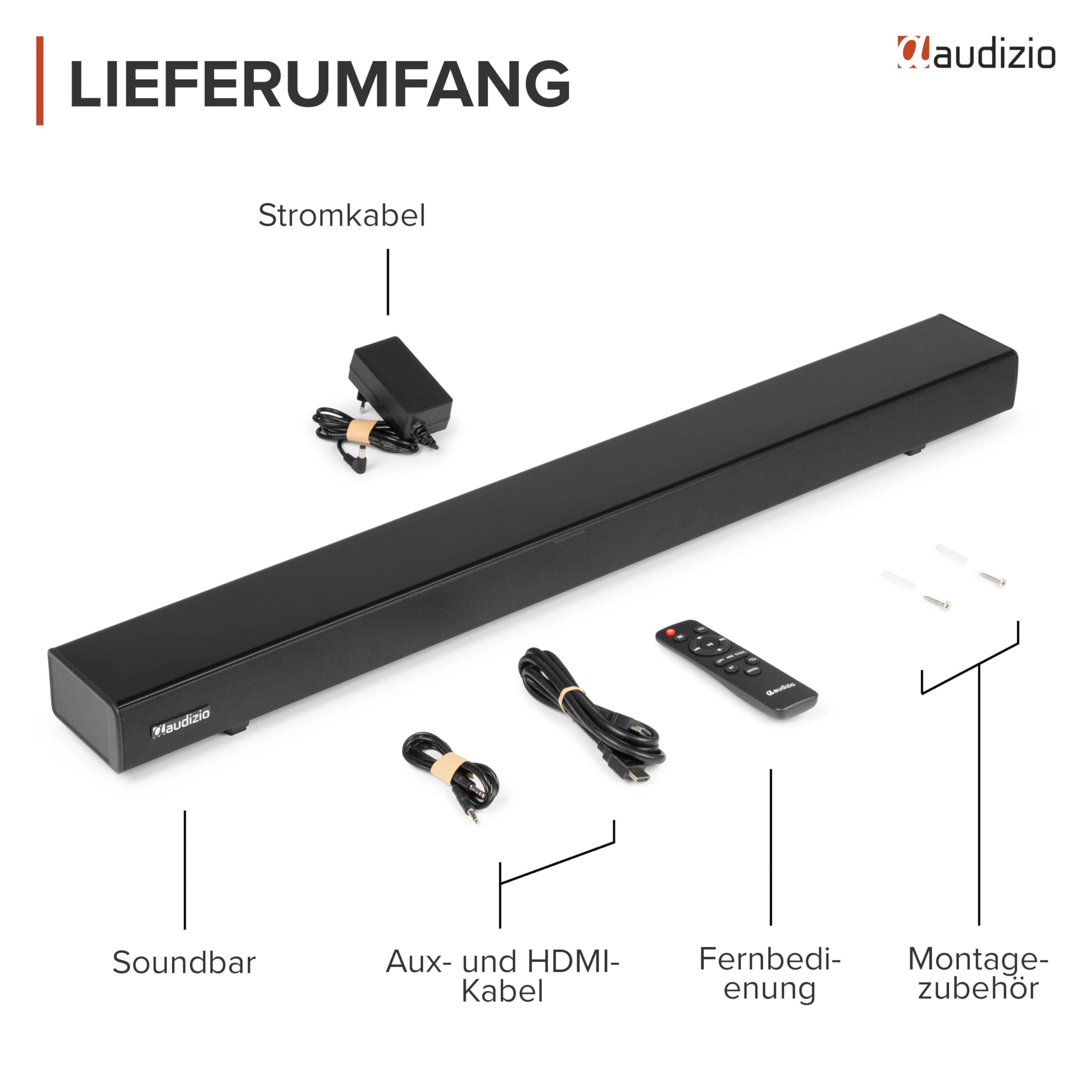 Audizio SB95 Soundbar für TV Geräte – Bluetooth 5.3, 120 Watt, HDMI ARC, Optisch, USB & AUX – Equalizer mit 3 Sound-Modi, TV Soundbar mit integriertem Subwoofer - Heimkino Soundsystem, 88cm - Schwarz