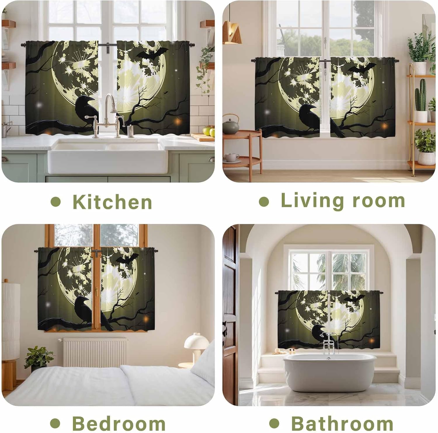 Black Crow Moon Halloween Kitchen Tier Curtains 45 Inch Long 2 Panel Set,Rod Pocket Short Window Treatment,Silhouettes Branches Animals Curtains & Drapes for Bathroom Basement 27.5"W x 45"L
