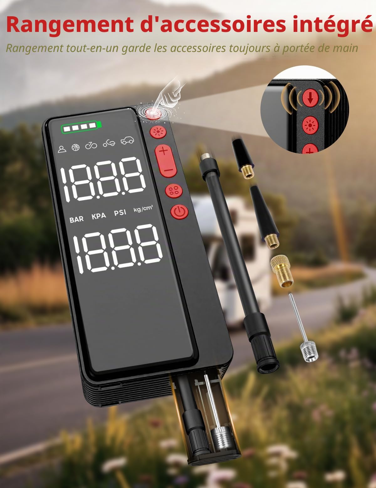 Demkia Gonfleur Pneus Voiture sans Fil, 10000mAh Mini Compresseur à Air Portatif, Portatif Gonfleur Electrique, 150 PSI avec Écran Numérique et Éclairage LED pour Vélo, Voiture, Moto, Ballon