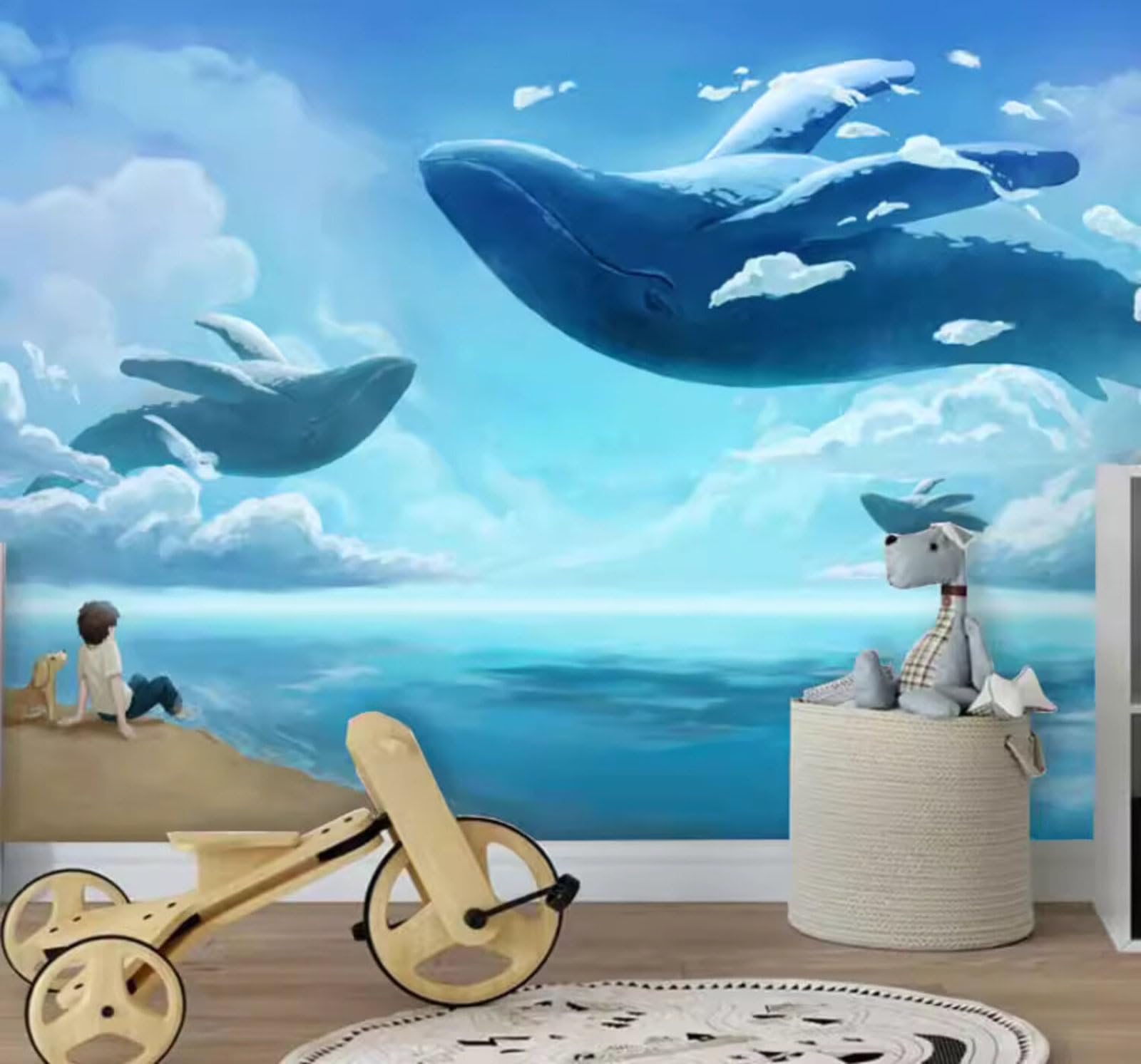 Fresh Dreamy Ocean Clouds Whales 3D Wallpaper Easy Install Feature Office Living Room Sofa Bedroom TV Background Wall Decoration-200cm×140cm