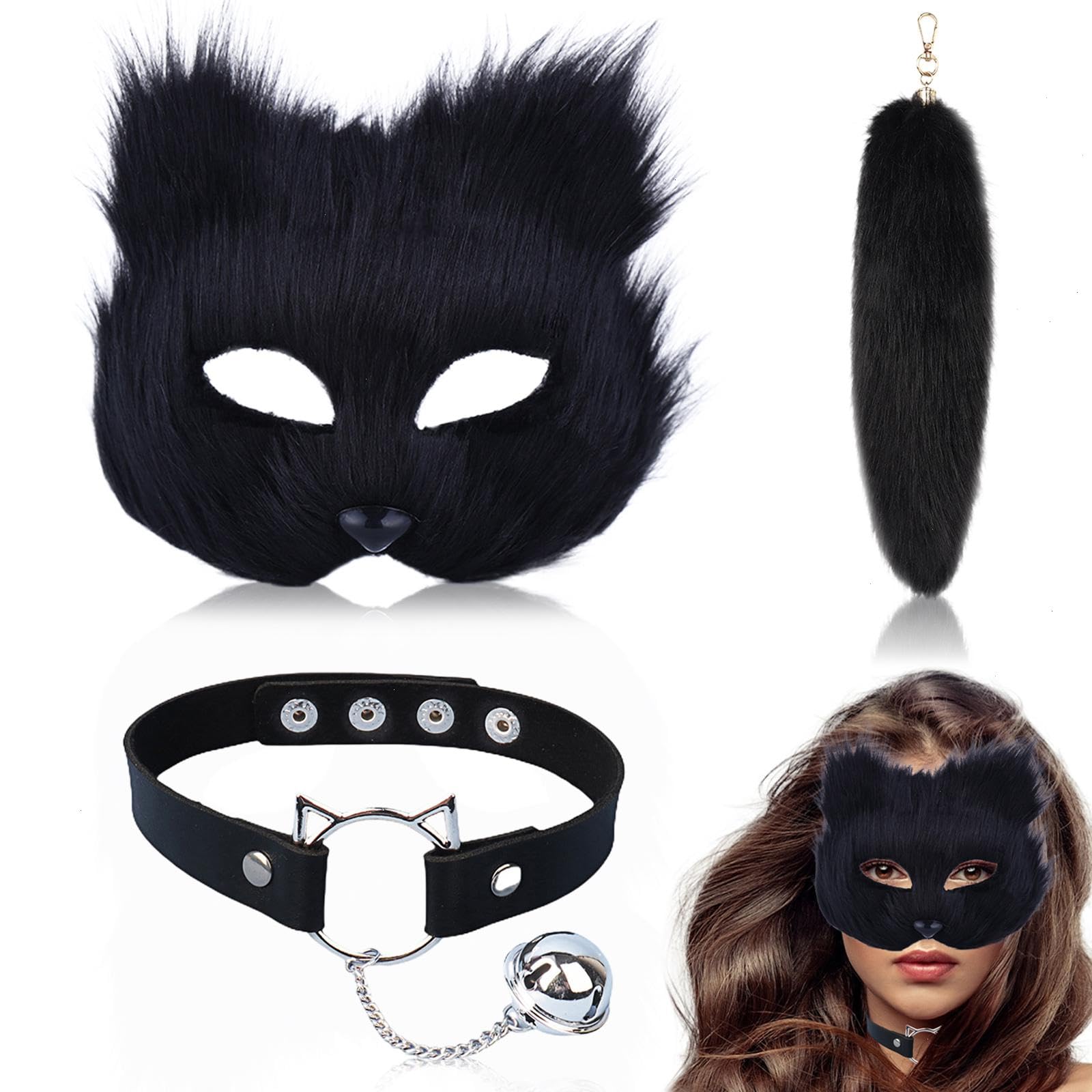 JUNCHUANG Therian Mask Therian Set Faux Fur Fox Mask Wolf Cat Fluffy Tail and Leather Necklace Set,Halloween Party Cosplay Costume Accessory