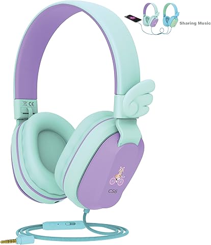 Kids Headphones, Riwbox CS6 Lightweight Foldable Stereo Headphones Over Ear Corded Headset Sharing Function with Mic and Volume Control Compatible for iPad/iPhone/PC/Kindle/Tablet (Purple&Green)
