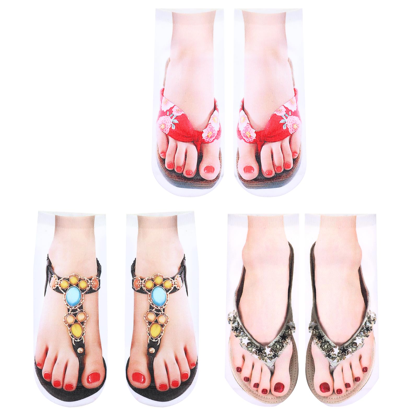 3 Pairs Flip Flop Socks, Women's Funny 3D Print Pattern Ankle Socks Look Like Shoes Sandal, Novelty Silly Christmas Gifts for Girls