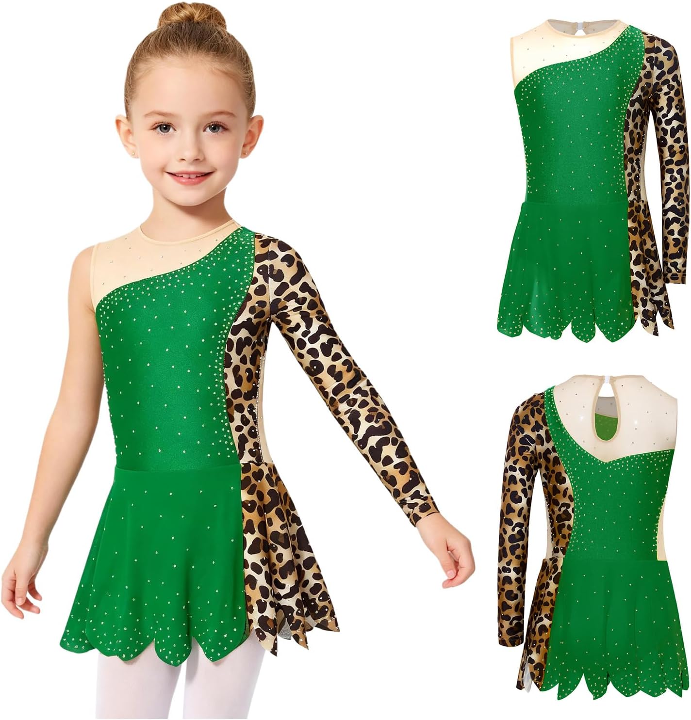 Linjinx Teen Ruffle Skirt Leotards Single Long Sleeve Bodysuit Figure Skating Dress Stage Performance Wear