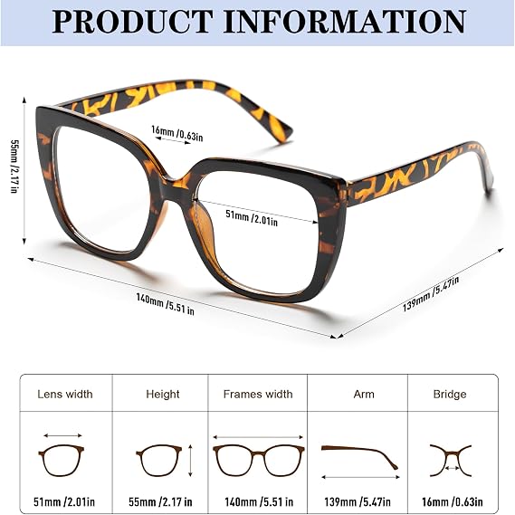Oversized Square Reading Glasses Women Men, Large Frame Stylish Anti Blue Light Computer Readers, Fashion Anti Glare Reading Eyeglasses