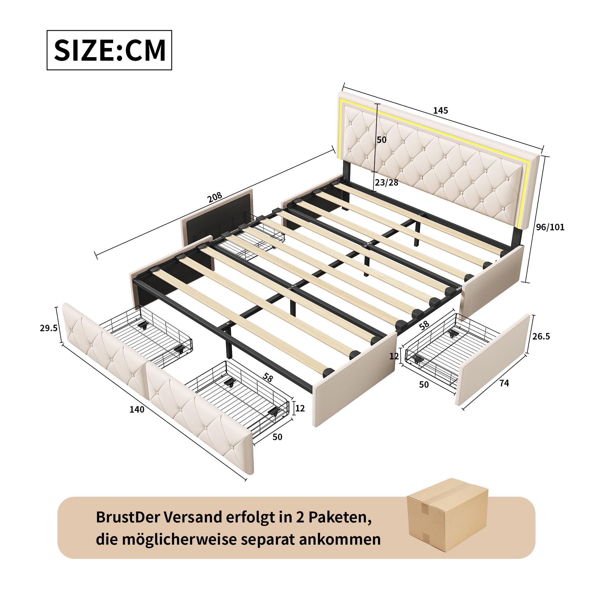 BRILVERDE Cama tapizada 140x200 con Almacenamiento, LED, Cama Doble con cabecero Ajustable, con 4 cajones, Cama Juvenil con Base de Láminas, para Adultos, PU (Beige, 140 x 200 cm)