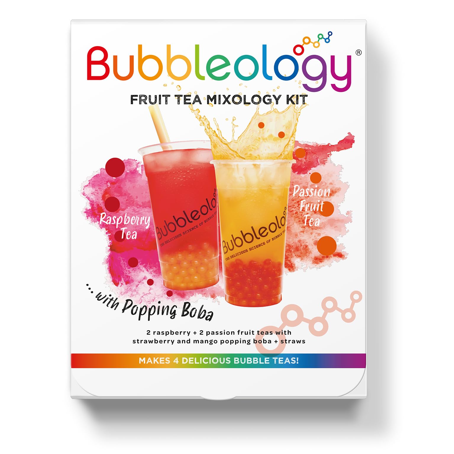 Fruit Bubble Tea Mixology Kit with Popping Boba (Pack of 1) Makes 4 Delicious Bubble Teas | 2 Raspberry Tea & 2 Passion Fruit Tea with Strawberry Boba & Mango Popping Boba