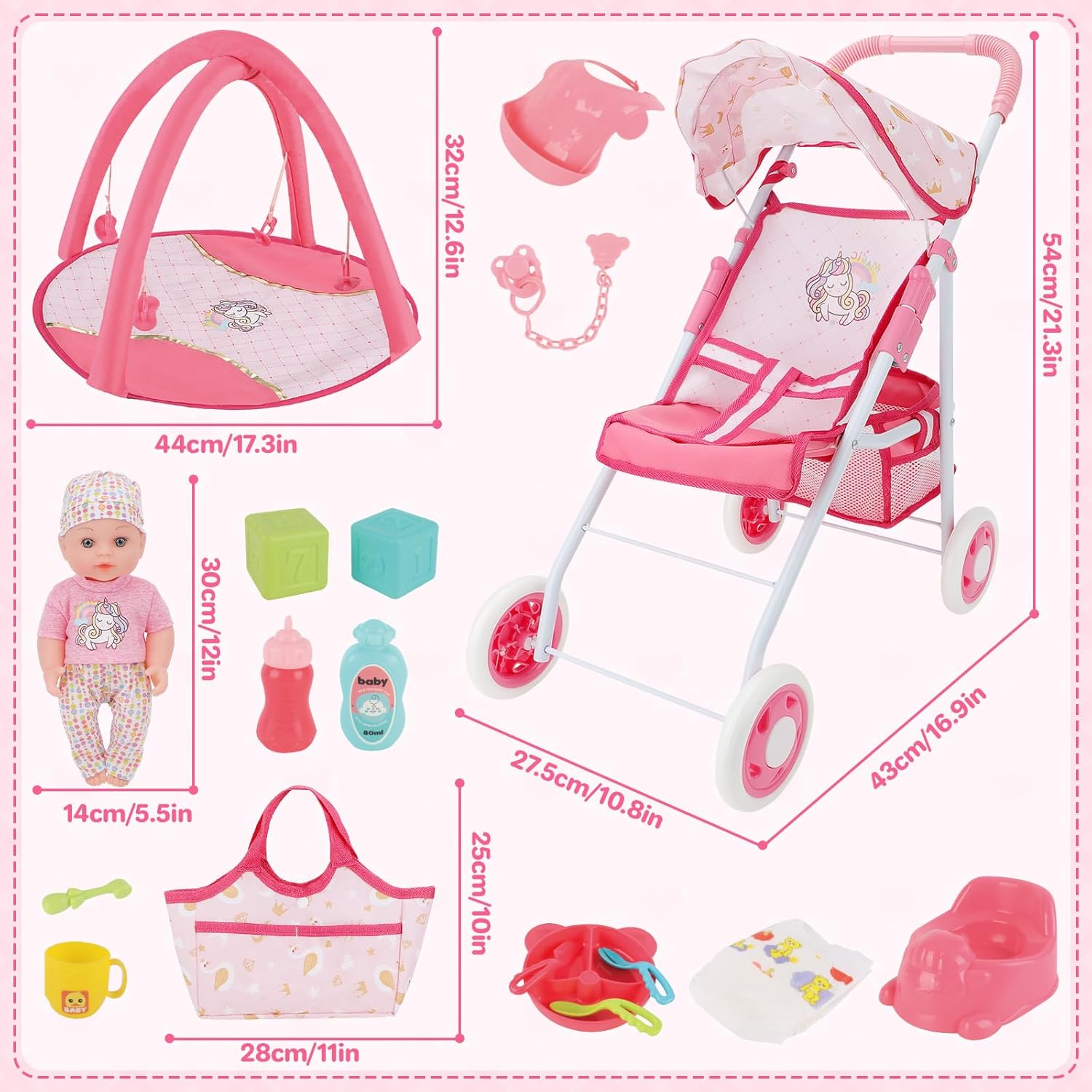 deAO Baby Doll Stroller Set with 12" Baby Dolls Nursery Playset 17 PCS Baby Doll Accessories with Play Mat,Storage Bag,Baby Stroller Toys for Girls Toddlers 3+ Pretend Play Gifts