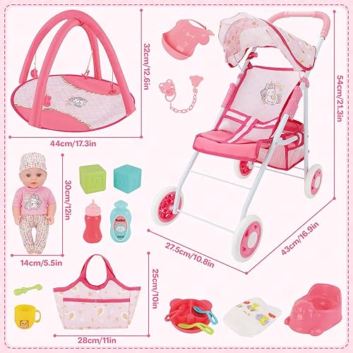 Miniatura 7 de deAO Juego de cochecito de muñeca de bebé con muñecas de bebé de 12 pulgadas, juego de 17 piezas de accesorios para muñecas de bebé con tapete de