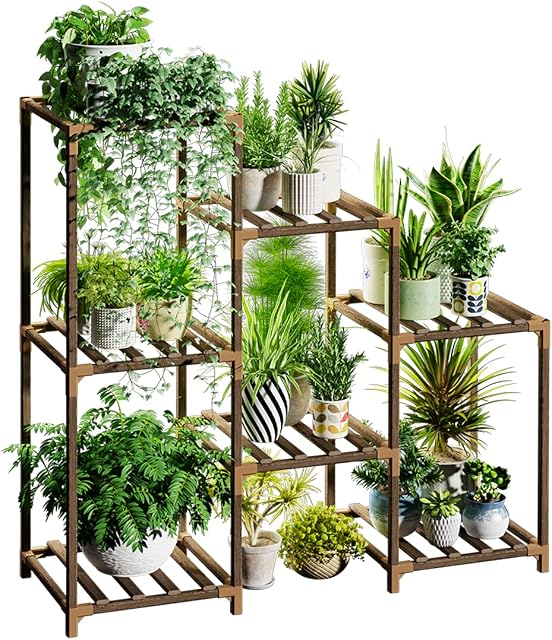 Plant Stands for Indoor Plants, Wood Outdoor Tiered Plant Shelf for Multiple Plants, 3 Tire 7 Potted Ladder Plant Holder Table Plant Pot Stand for Window Garden Balcony Patio Corner Living Room