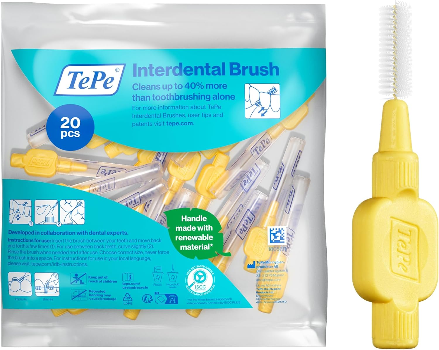 Cepillo interdental TePe, Extra Suave, amarillo, 0,7 mm/ISO 4, 20 ud., limpieza interdental eficaz, eliminación de placa, hilo dental para espacios reducidos