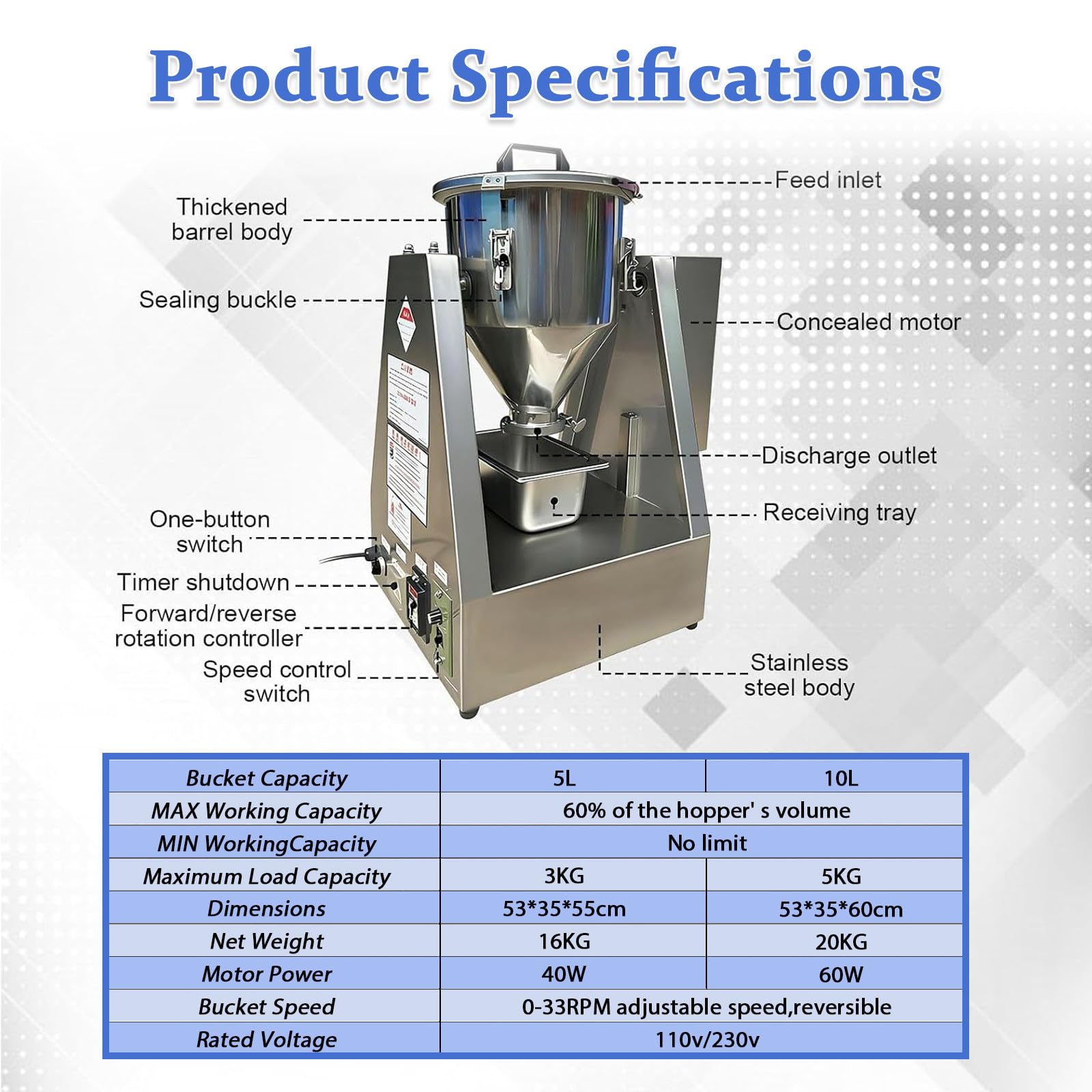 Labor-Pulvermischer Elektrischer Trockenpulvermischer 110V/220V 5L/10L 304 Edelstahl Stufenlose Drehzahl für Wissenschaftliche Forschung 10L
