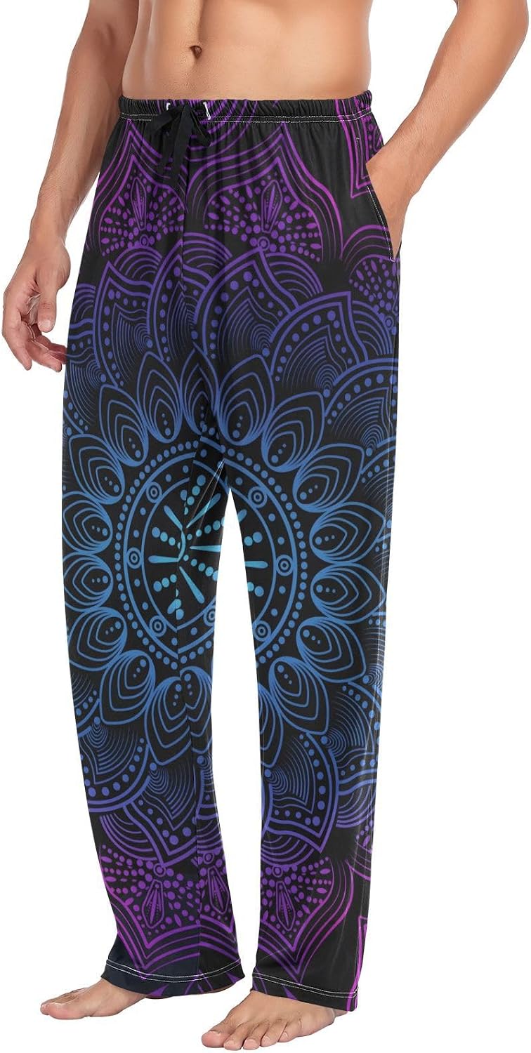 ALAZA Rainbow Mandala Boho Lotus Men's Sleepwear Mens Pajama Pants Bottoms with Pockets, S