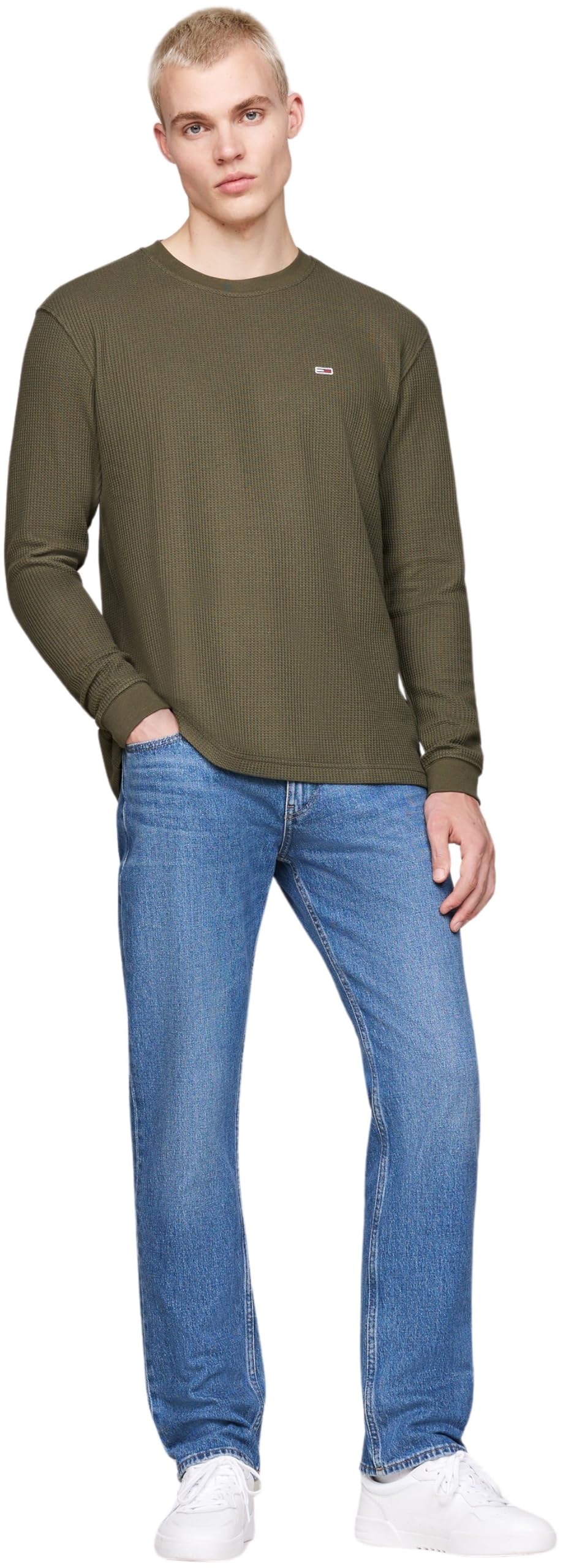 Tommy Jeans Uomo Maglietta Maniche Lunghe Regular Fit Waffle Scollo Rotondo