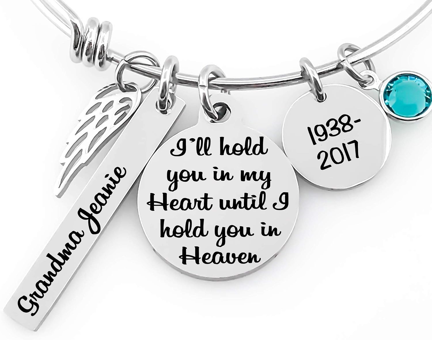 Memorial Jewelry Bangle -I'll Hold You in my Heart until I Hold You in Heaven- Name Disc, Angel Wings & Birthstone Crystal