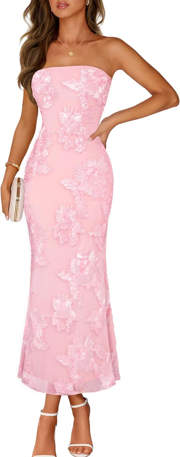 MEROKEETY Women's Floral Strapless Maxi Dress 2026 Summer Mesh Tube Bodycon Formal Wedding Guest Cocktail Party Long Dresses