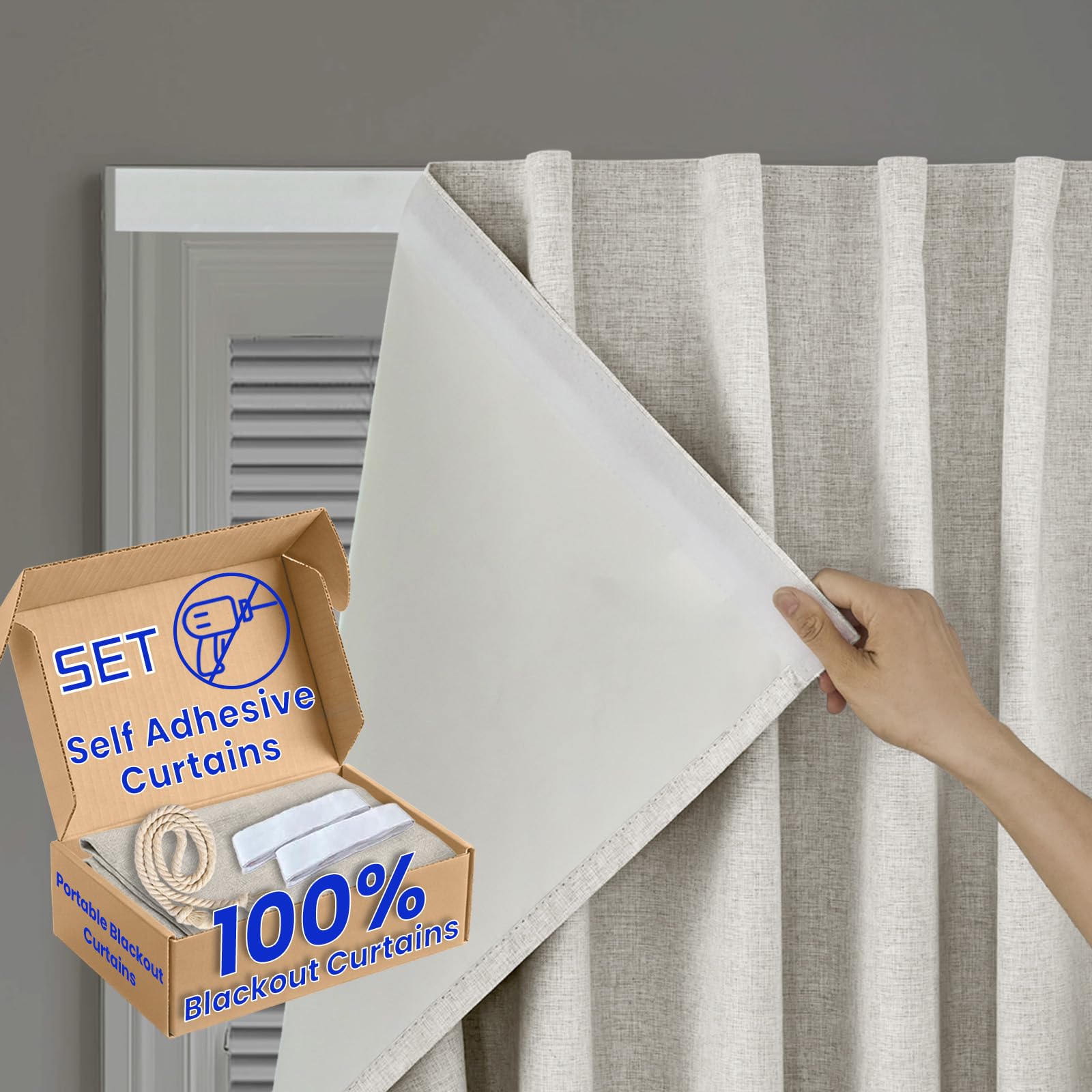 100% Blackout Self Adhesive Curtains Portable Curtain Simple and Easy to install Bedroom Window Thermal Lnsulated Kitchen Room Darkening Black Small Drapes, W34 x L72 inch, 1 Panel, Light Beige