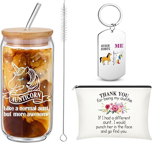 Tioncy Juego de 3 piezas de regalo para tía para regalos de cumpleaños de Navidad, como una tía normal, pero más impresionante, taza de vidrio con