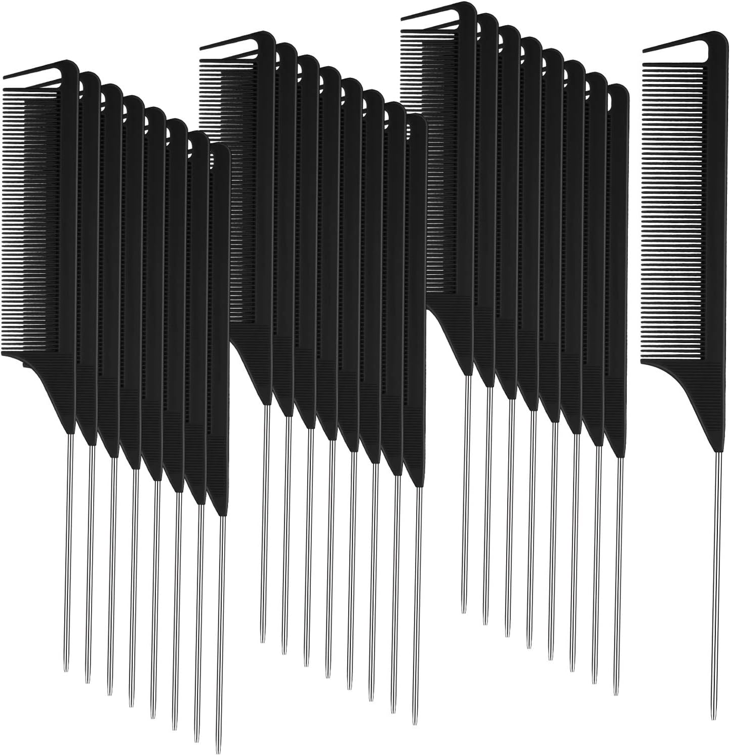 Patelai 30 Pcs Rat Tail Combs Bulk Steel Pin Rat Tail Carbon Fiber Heat Resistant Teasing Combs Fine Tooth Pintail Braiding Hair Tools for Stylists Salon Sectioning Detangling(Black, Silver)
