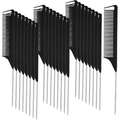 Patelai 30 Pcs Rat Tail Combs Bulk Steel Pin Rat Tail Carbon Fiber Heat Resistant Teasing Combs Fine Tooth Pintail Braiding Hair Tools for Stylists Salon Sectioning Detangling(Black, Silver)