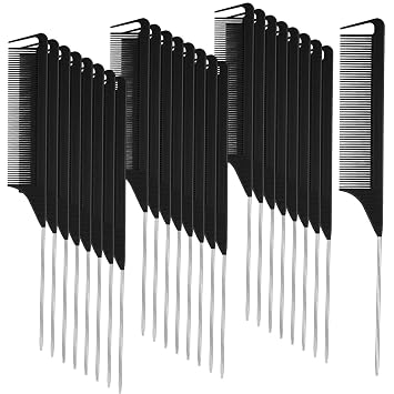 Patelai 30 Pcs Rat Tail Combs Bulk Steel Pin Rat Tail Carbon Fiber Heat Resistant Teasing Combs Fine Tooth Pintail Braiding Hair Tools for Stylists Salon Sectioning DetanglingBlack, Silver