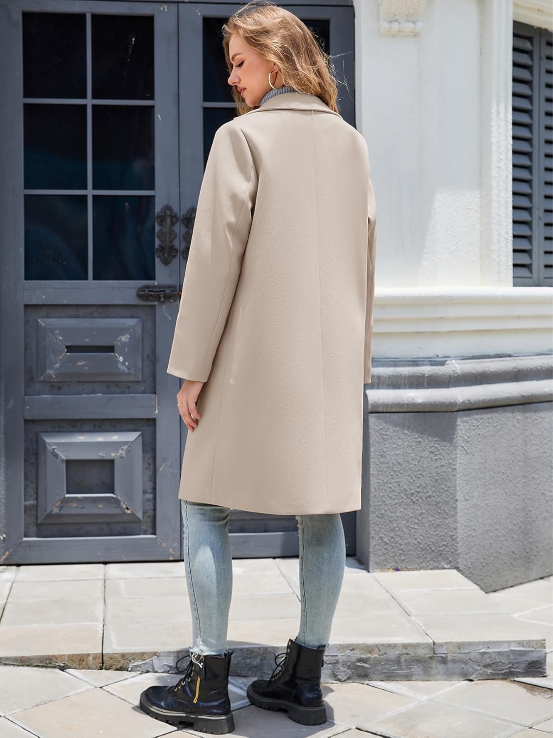 Women's Notch Lapel Double Breasted Pea Coat Mid Long Fall Winter Trench Overcoat - Image 4