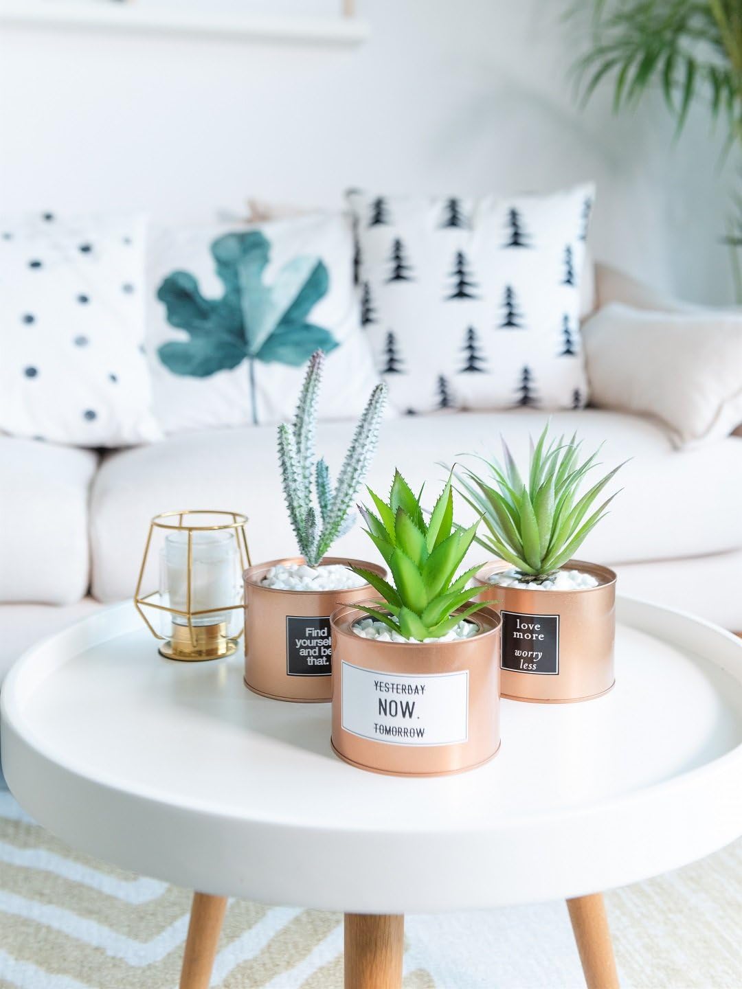 Opps Mini Artificial Plants Plastic Green Grass Cactus with Special Golden Can Pot Design for Home Décor – Set of 3