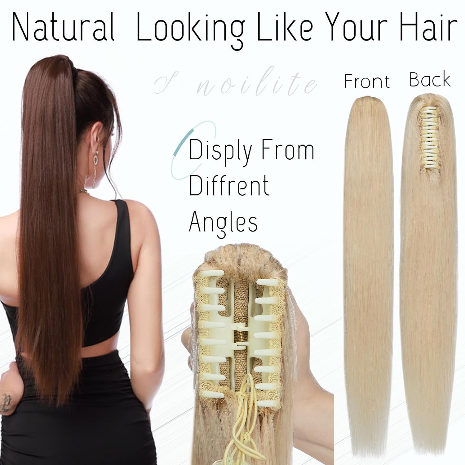 S-noilite Claw Clip Ponytail Extension Human Hair #613 Bleach Blonde Real Remy Human Hair Ponytail Extension 14inch Long Straight Hair Pony Tails Hair Extensions For Women 105Grams