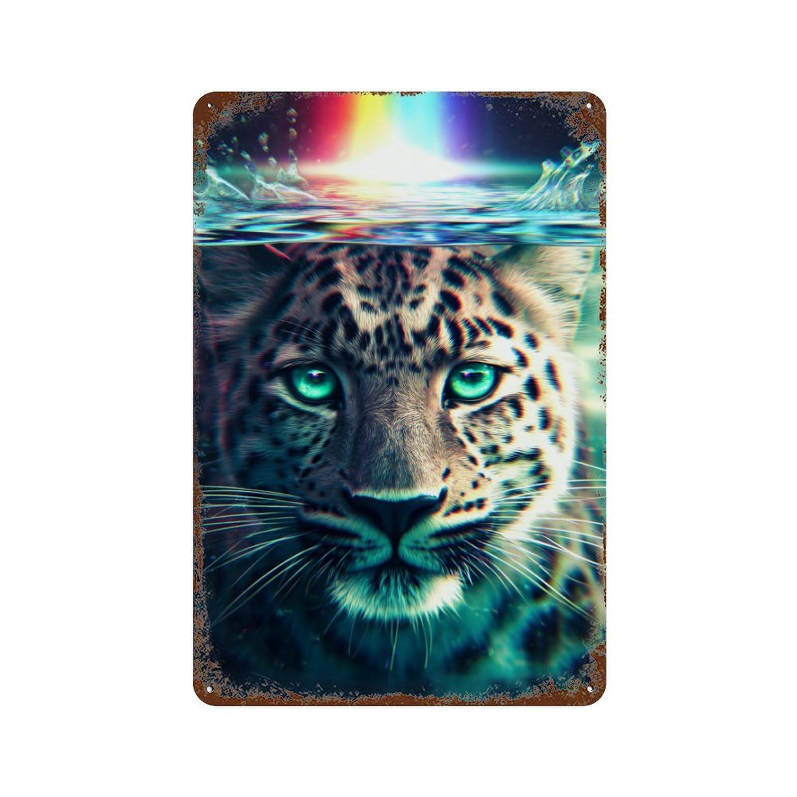 Rustic Tin Plaque Leopard Underwater Rainbow 11.8"x7.9", Vintage Wall Decor for Pub, Kitchen And Man Cave Decor