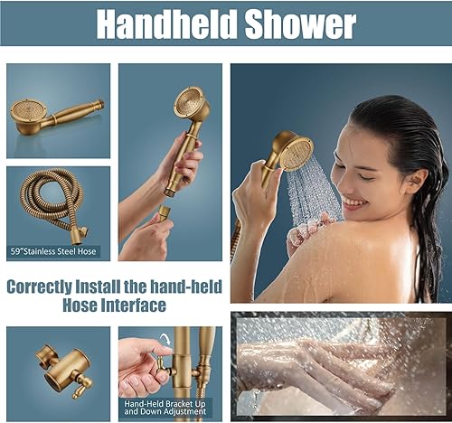 Miniatura 7 de Aolemi Juego de grifo de ducha expuesto de latón antiguo de 8 pulgadas, cabezal de lluvia de mano, boquilla de ducha de triple función, montaje en