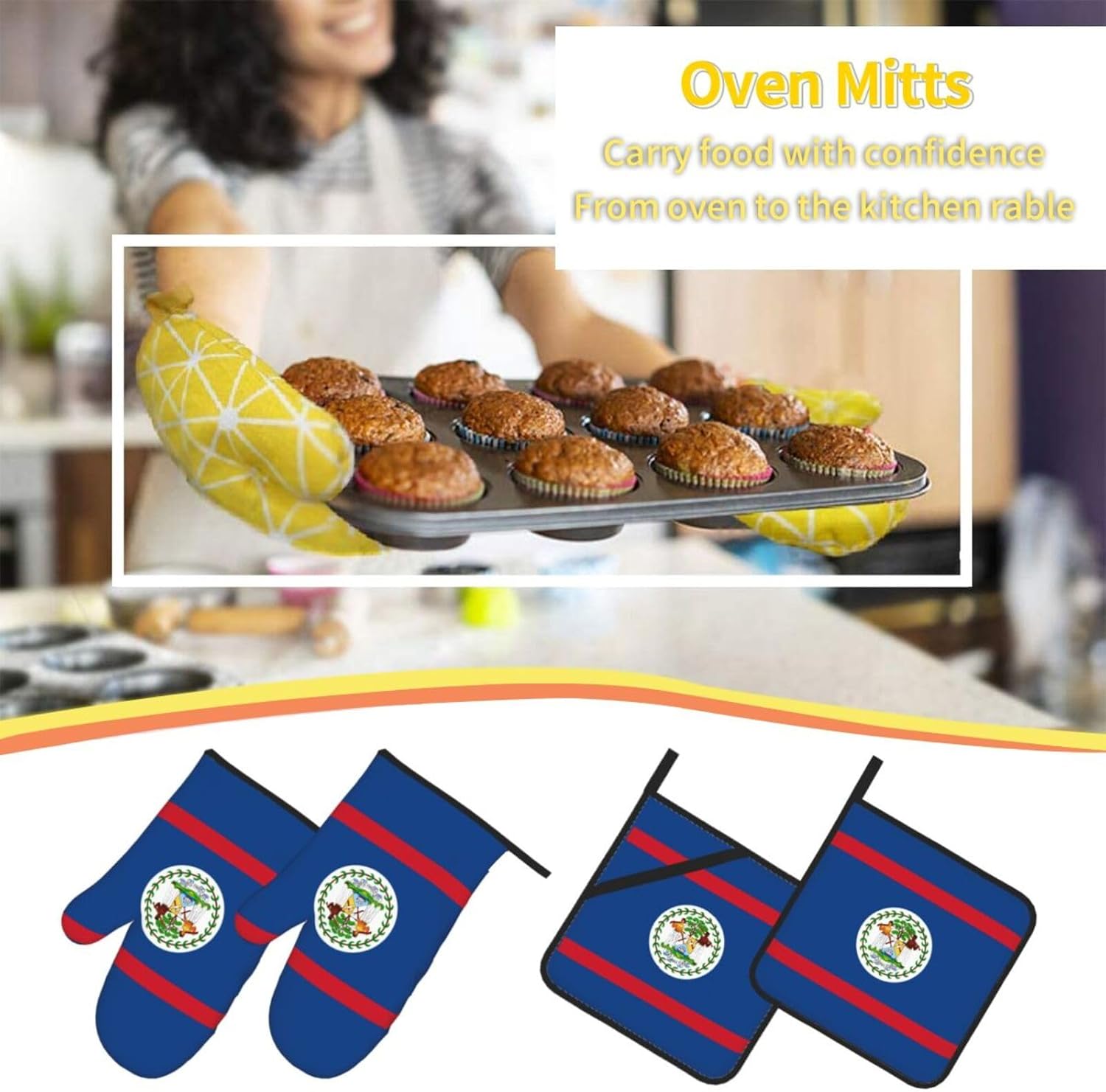 Belize Flag Oven gloves and heat-resistant mat 4-piece set. Suitable for grilling, microwave oven frying, and baking
