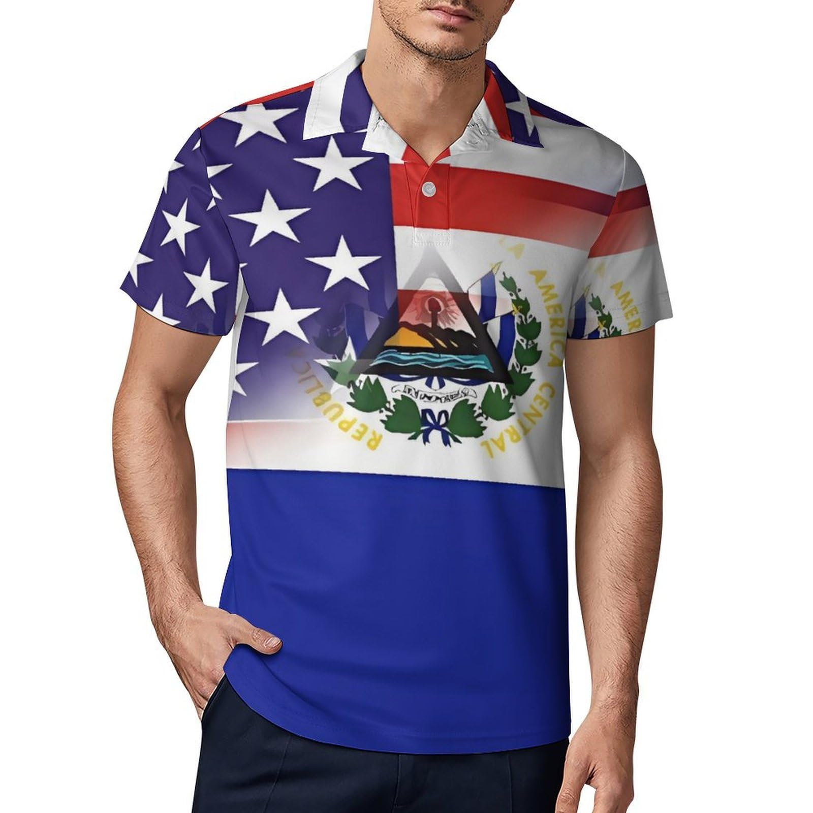 US Sal-vador Combined Flag Novelty Men's Short Sleeve Shirts Funny Golf Tennis Work T-Shirt Sport Tee 2XL