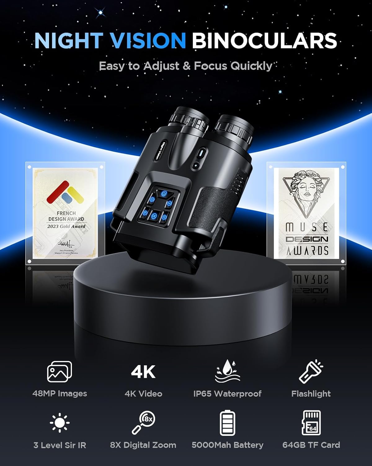 4K Night Vision Binoculars–8X Zoom/2000FT IR/5000mAh, 3'' HD Screen Night Vision Goggles for Adults mit 64GB TF Card, IP65 Waterproof & Tactical Light for Hunting,Camping & Security