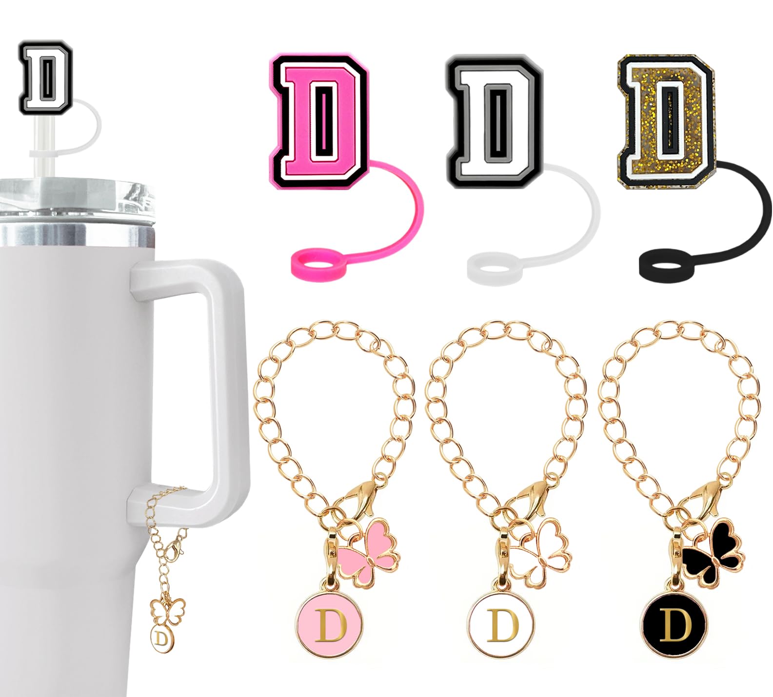（3 +3) Nuozme Straw Cover Compatible with Stanley Tumbler Cup 3PCS Letter Straw Caps Toppers with 3 Initial Butterfly Charms Name ID For Stanley 30&40